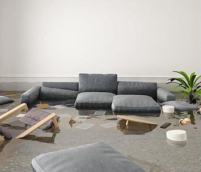 Living room furniture floating in water.